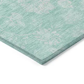 9' X 12' Aqua And Ivory Floral Washable Indoor Outdoor Area Rug