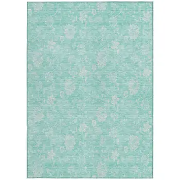 9' X 12' Aqua And Ivory Floral Washable Indoor Outdoor Area Rug