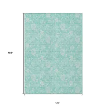 10' X 14' Aqua And Ivory Floral Washable Indoor Outdoor Area Rug