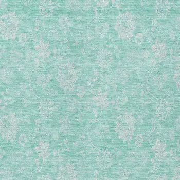 10' X 14' Aqua And Ivory Floral Washable Indoor Outdoor Area Rug