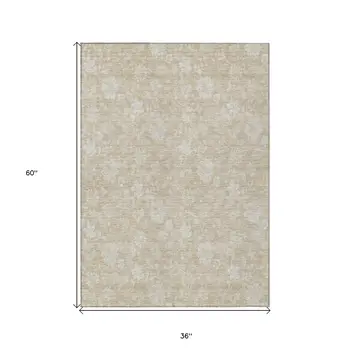 3' X 5' Beige Tan And Ivory Floral Washable Indoor Outdoor Area Rug