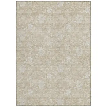 5' X 8' Beige Tan And Ivory Floral Washable Indoor Outdoor Area Rug