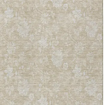 5' X 8' Beige Tan And Ivory Floral Washable Indoor Outdoor Area Rug