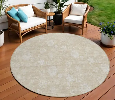 8' Beige Tan And Ivory Round Floral Washable Indoor Outdoor Area Rug