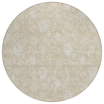 8' Beige Tan And Ivory Round Floral Washable Indoor Outdoor Area Rug