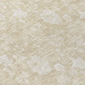 8' Beige Tan And Ivory Round Floral Washable Indoor Outdoor Area Rug