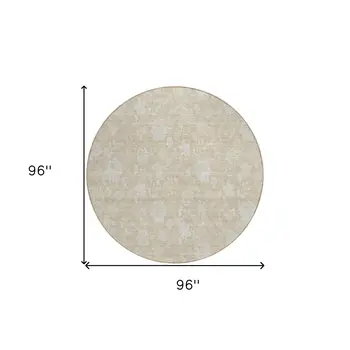 8' Beige Tan And Ivory Round Floral Washable Indoor Outdoor Area Rug