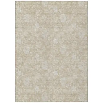 8' X 10' Beige Tan And Ivory Floral Washable Indoor Outdoor Area Rug