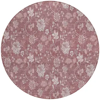 8' Blush Pink And Mauve Round Floral Washable Indoor Outdoor Area Rug