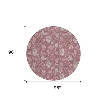8' Blush Pink And Mauve Round Floral Washable Indoor Outdoor Area Rug