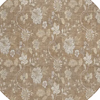 8' Copper And Beige Round Floral Washable Indoor Outdoor Area Rug
