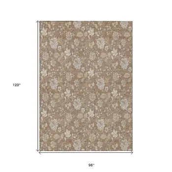 8' X 10' Copper And Beige Floral Washable Indoor Outdoor Area Rug
