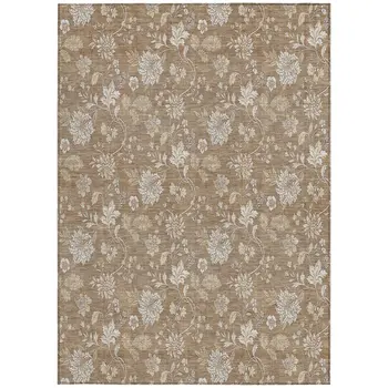 9' X 12' Copper And Beige Floral Washable Indoor Outdoor Area Rug