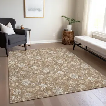 9' X 12' Copper And Beige Floral Washable Indoor Outdoor Area Rug