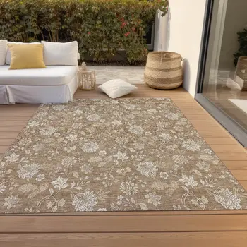 10' X 14' Copper And Beige Floral Washable Indoor Outdoor Area Rug