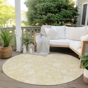 8' Yellow Wheat And Ivory Round Floral Washable Indoor Outdoor Area Rug