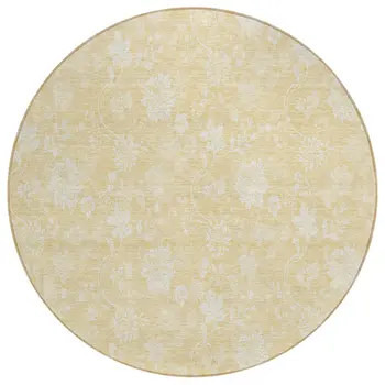 8' Yellow Wheat And Ivory Round Floral Washable Indoor Outdoor Area Rug