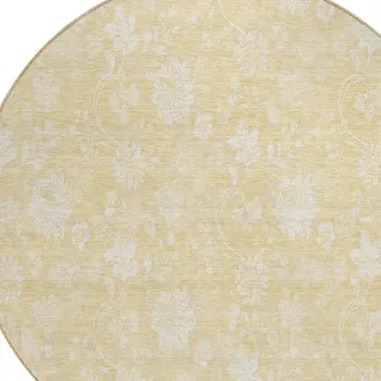 8' Yellow Wheat And Ivory Round Floral Washable Indoor Outdoor Area Rug