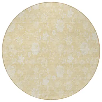 8' Yellow Wheat And Ivory Round Floral Washable Indoor Outdoor Area Rug