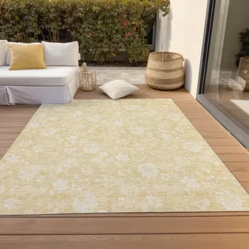 8' X 10' Yellow Wheat And Ivory Floral Washable Indoor Outdoor Area Rug