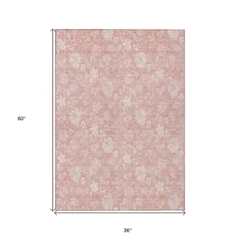 3' X 5' Pink Ivory And Blush Floral Washable Indoor Outdoor Area Rug