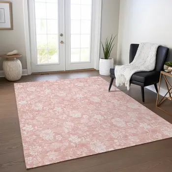 8' X 10' Pink Ivory And Blush Floral Washable Indoor Outdoor Area Rug