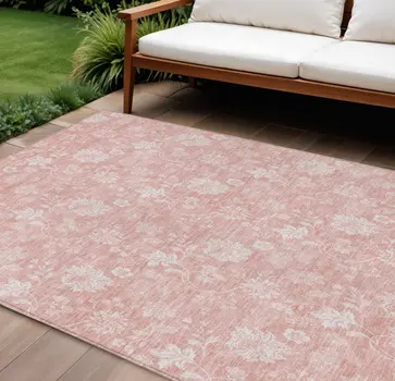 10' X 14' Pink Ivory And Blush Floral Washable Indoor Outdoor Area Rug