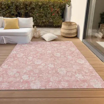 10' X 14' Pink Ivory And Blush Floral Washable Indoor Outdoor Area Rug