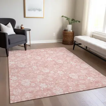 10' X 14' Pink Ivory And Blush Floral Washable Indoor Outdoor Area Rug