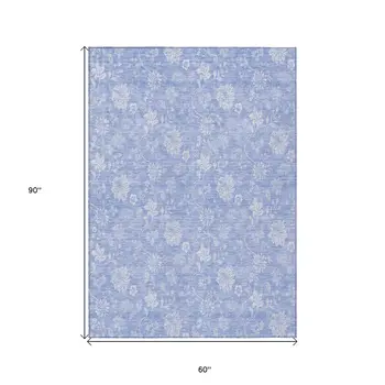 5' X 8' Sky Blue Denim Blue And Ivory Floral Washable Indoor Outdoor Area Rug