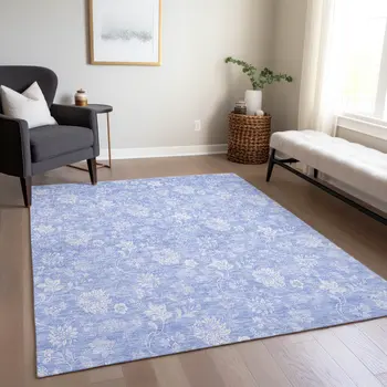 5' X 8' Sky Blue Denim Blue And Ivory Floral Washable Indoor Outdoor Area Rug