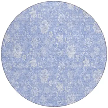 8' Sky Blue Denim Blue And Ivory Round Floral Washable Indoor Outdoor Area Rug