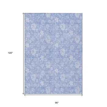 8' X 10' Sky Blue Denim Blue And Ivory Floral Washable Indoor Outdoor Area Rug