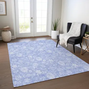 8' X 10' Sky Blue Denim Blue And Ivory Floral Washable Indoor Outdoor Area Rug