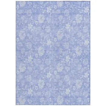 9' X 12' Sky Blue Denim Blue And Ivory Floral Washable Indoor Outdoor Area Rug