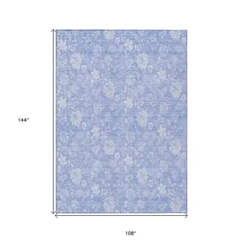 9' X 12' Sky Blue Denim Blue And Ivory Floral Washable Indoor Outdoor Area Rug