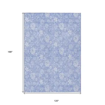 10' X 14' Sky Blue Denim Blue And Ivory Floral Washable Indoor Outdoor Area Rug