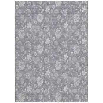 5' X 8' Gray Silver And Ivory Floral Washable Indoor Outdoor Area Rug