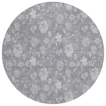 8' Gray Silver And Ivory Round Floral Washable Indoor Outdoor Area Rug