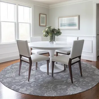 8' Gray Silver And Ivory Round Floral Washable Indoor Outdoor Area Rug
