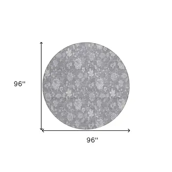 8' Gray Silver And Ivory Round Floral Washable Indoor Outdoor Area Rug