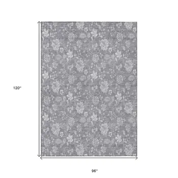 8' X 10' Gray Silver And Ivory Floral Washable Indoor Outdoor Area Rug