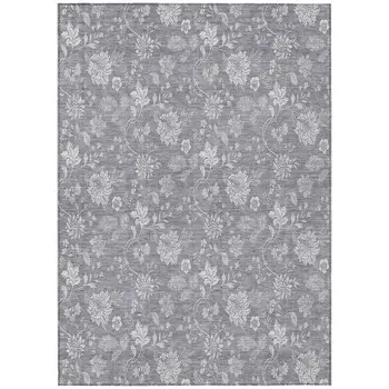 9' X 12' Gray Silver And Ivory Floral Washable Indoor Outdoor Area Rug