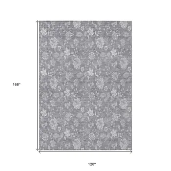 10' X 14' Gray Silver And Ivory Floral Washable Indoor Outdoor Area Rug