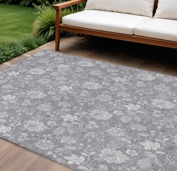 10' X 14' Gray Silver And Ivory Floral Washable Indoor Outdoor Area Rug