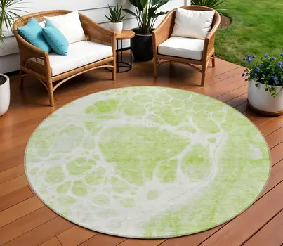 8' Artichoke Green And Ivory Round Nautical Washable Indoor Outdoor Area Rug