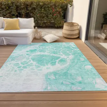 3' X 5' Aqua Teal Blue And Ivory Nautical Washable Indoor Outdoor Area Rug