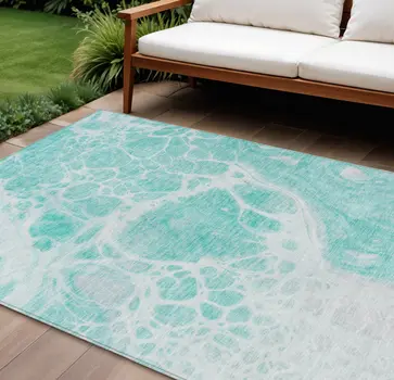 9' X 12' Aqua Teal Blue And Ivory Nautical Washable Indoor Outdoor Area Rug