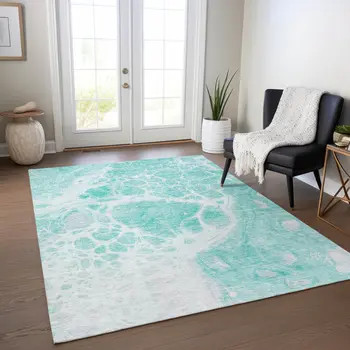 10' X 14' Aqua Teal Blue And Ivory Nautical Washable Indoor Outdoor Area Rug