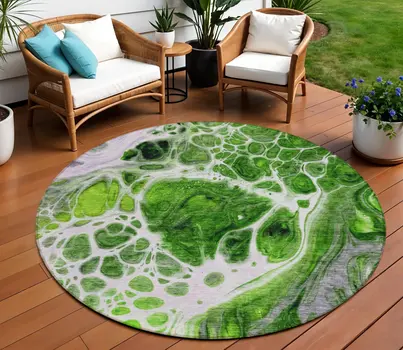8' Lime Green And Gray Round Nautical Washable Indoor Outdoor Area Rug